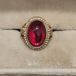 Vintage Gold Tone Red Jelly Cabochon Ring 4.75 14k Gold Plated